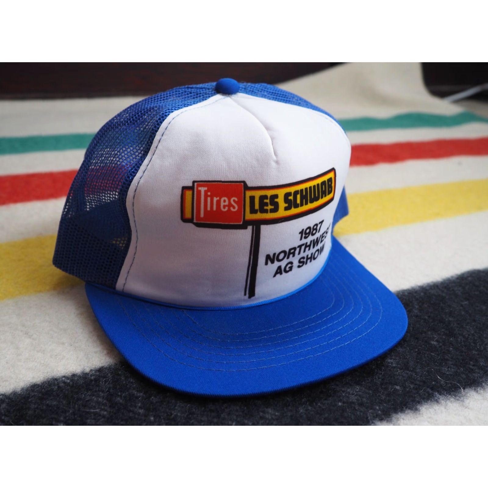 Vintage VTG 80s Les Schwab PNW 1987 Auto Cars White Blue Trucker Snapback Hat Cap OSFM Size ONE SIZE - 2 Thumbnail