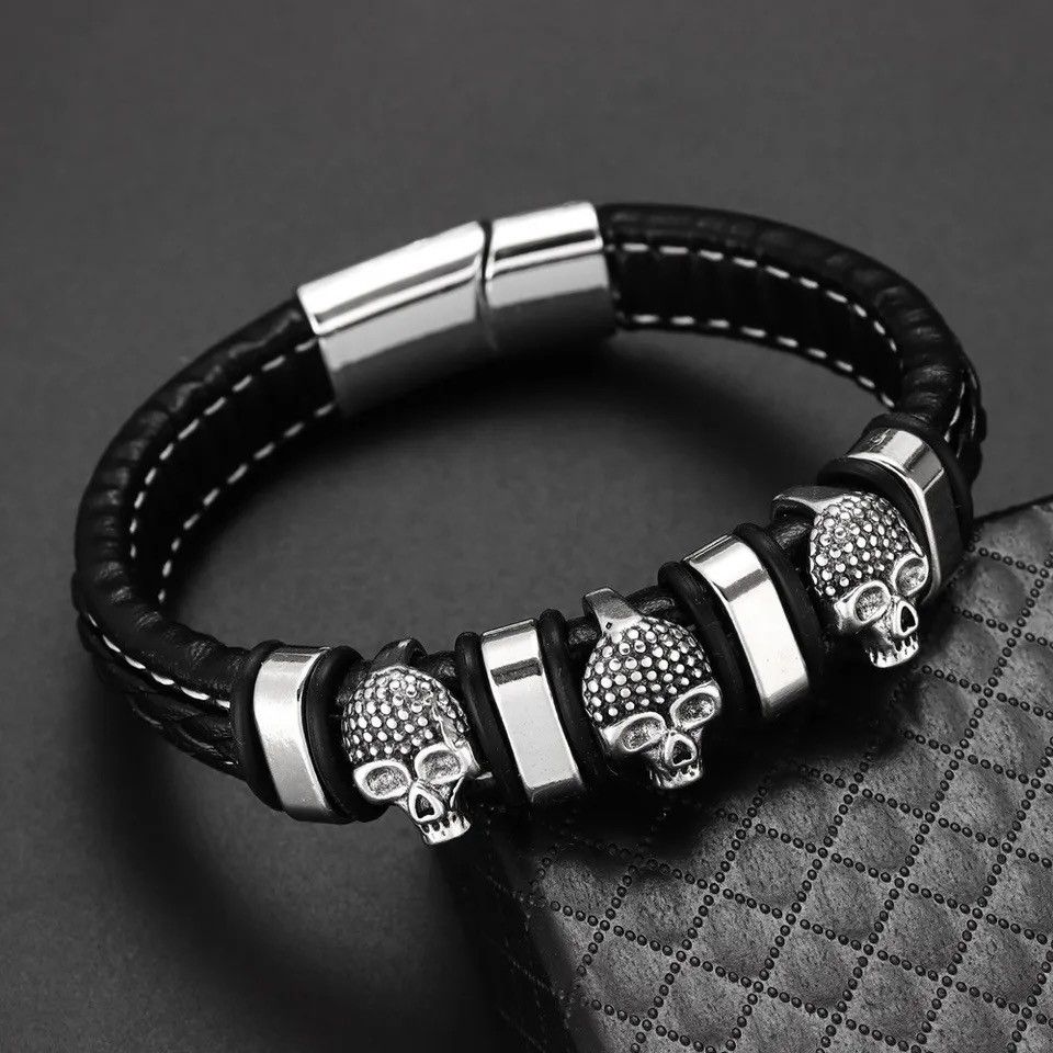 Jewelry Multi-Layer Leather Woven Skull Bracelet Size ONE SIZE - 4 Thumbnail