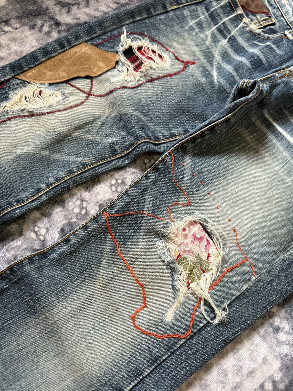 Hysteric Glamour Lucy Pearl Patch Work Leather Trimmed Shashiko Flared Jeans Size US 27 - 5 Thumbnail