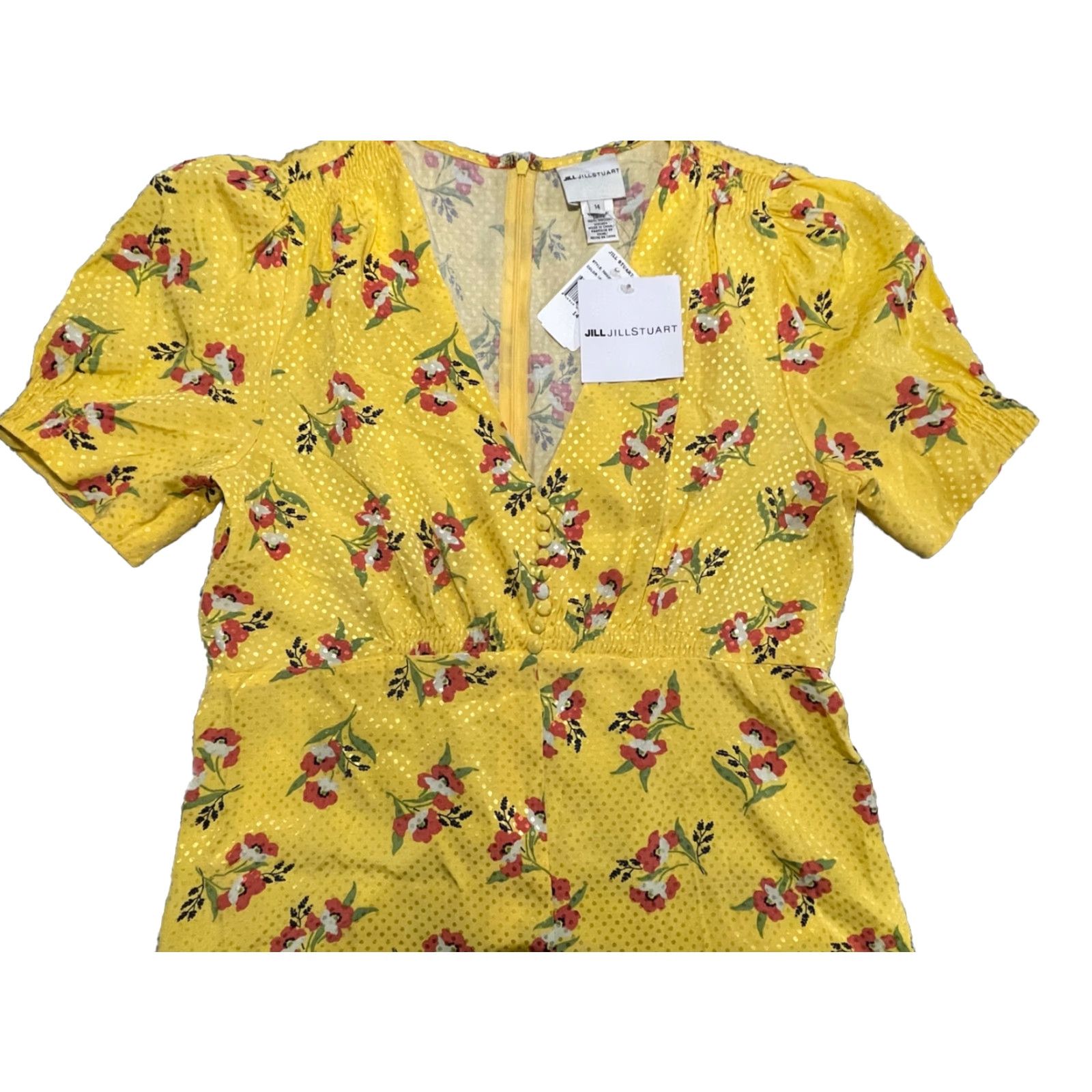 Vintage Jill Jill Stuart Women's Yellow Floral Shadow Dot Midi Retro Dress Size 14 Size XL / US 12-14 / IT 48-50 - 8 Thumbnail