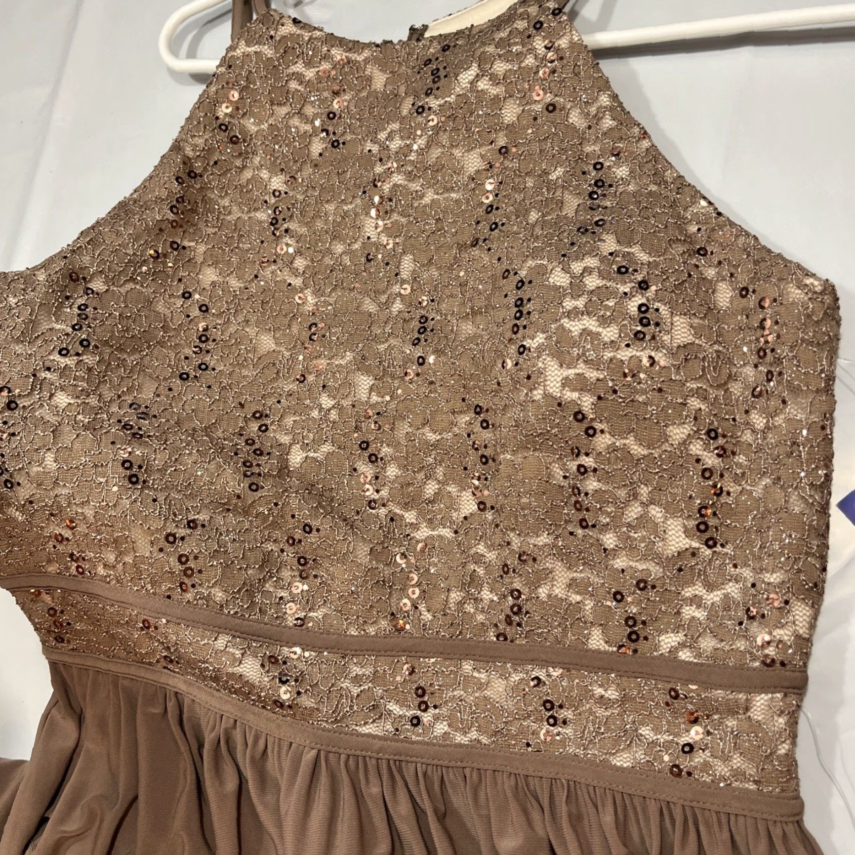 Vintage Nightway Dress Maxi HALTER Sequin Lace Brown Beige NEW GOWN Stretchy Size 10 NWT Size L / US 10 / IT 46 - 7 Thumbnail