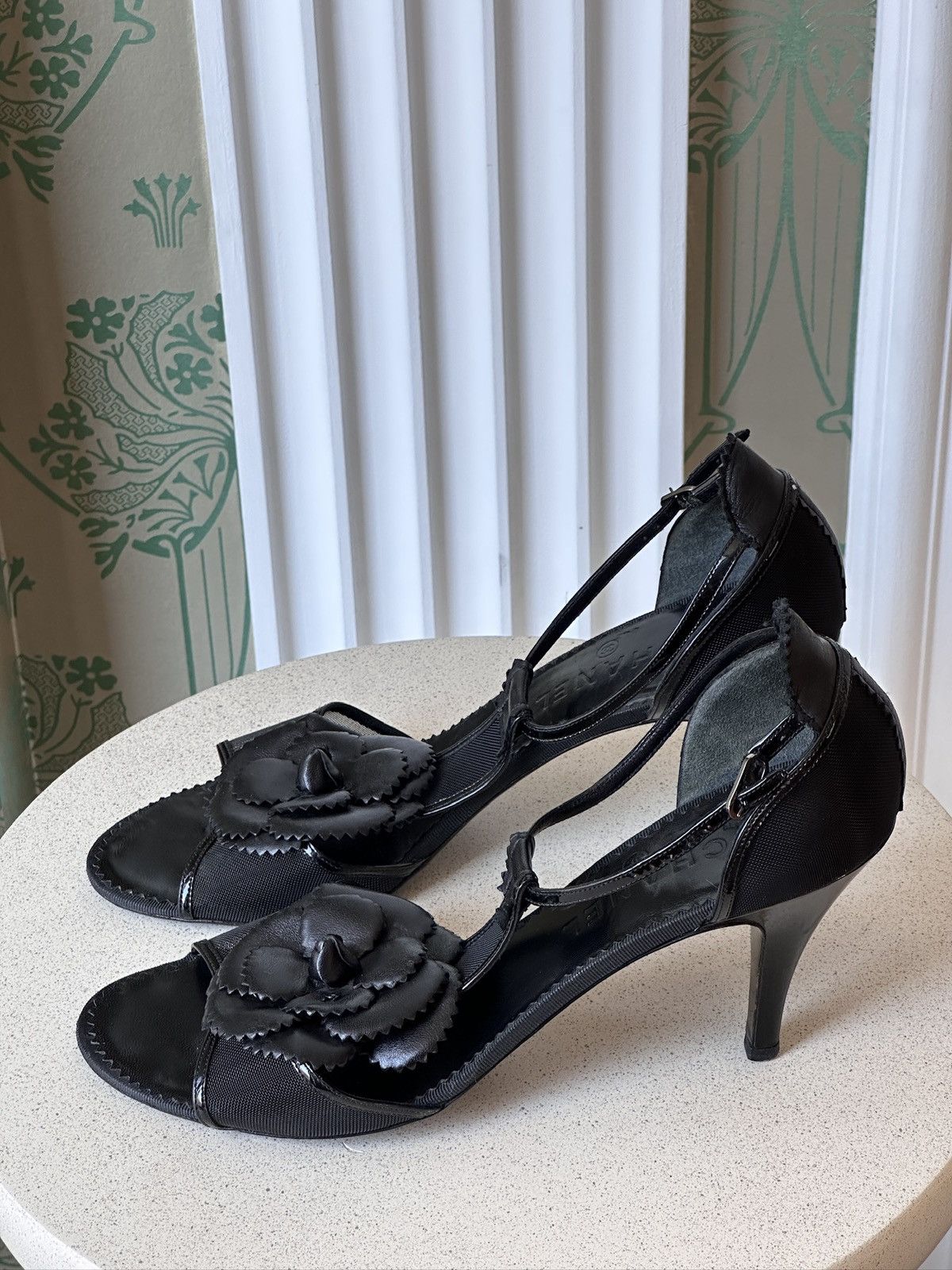 Chanel CHANEL Black Camellia Ankle Strap Mesh Leather Heels 42 Size US 11 / IT 41 - 7 Thumbnail
