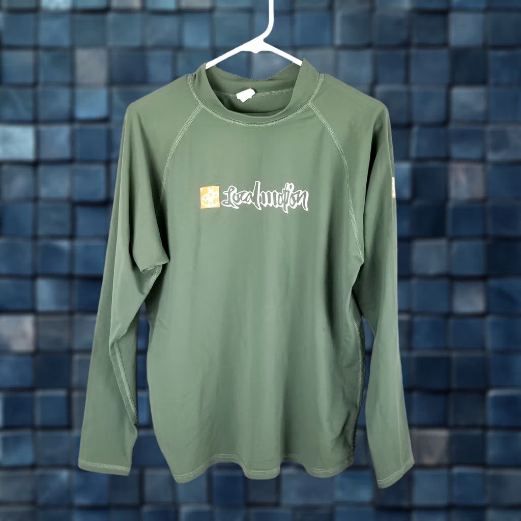 Swims Vintage Local Motion Hawaiian Surf Shirt Surfing Water Swim Long Sleeve 90s Green Nylon Spandex Quick Dry 20X27 USA Mens LS Tee Size US XXL / EU 58 / 5 - 1 Thumbnail