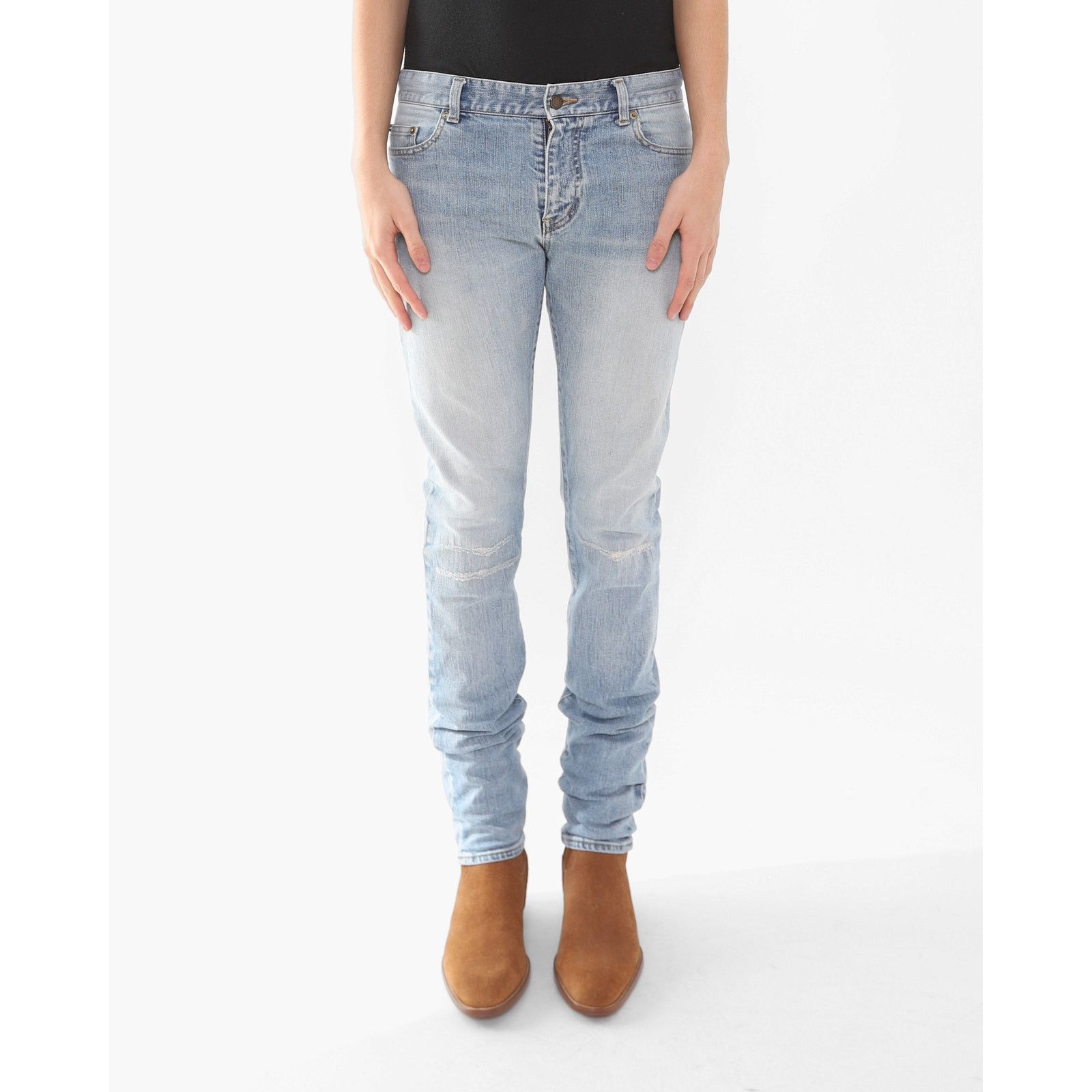 Saint Laurent Paris FW16 Patched Knee Skinny Jeans in Light Washed Denim Size US 31 - 1 Thumbnail