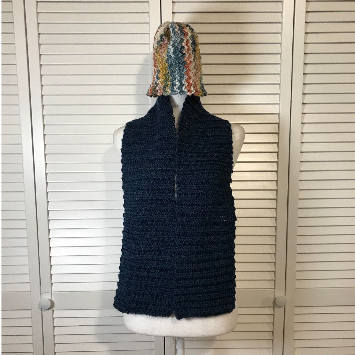 Handmade NWT Handmade Crocheted Navy Multicolor Beanie & Scarf 57” Size ONE SIZE - 1 Thumbnail