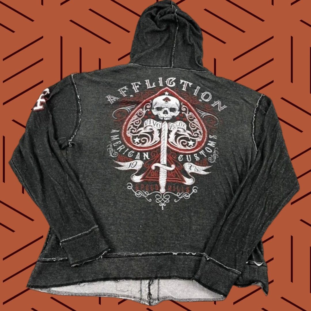 Affliction VINTAGE AFFLICTION Jacket Mens 3XL Gray Reversible Hooded Grunge Skull AOP Distress Y2K Size US XXL / EU 58 / 5 - 1 Thumbnail