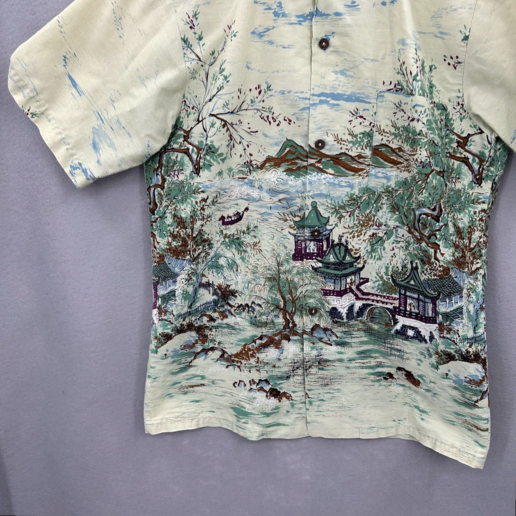 BONSAI VINTAGE Liberty House Hawaii Short Sleeve Shirt Men XL Ivory 1960s Aloha Bonsai Waialae Coin Button Size US XL / EU 56 / 4 - 3 Thumbnail