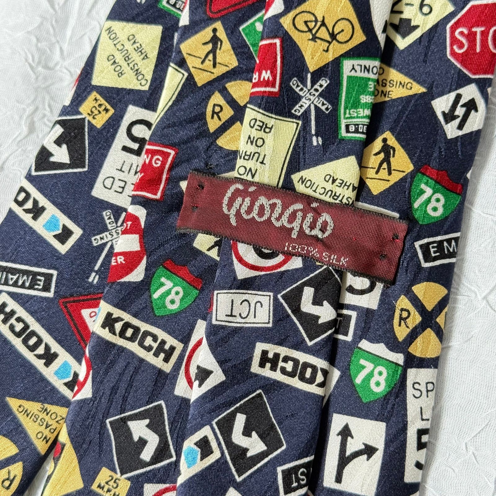Vintage Vintage Giorgio Silk Tie Road Signs Traffic Street Sign 90s Size ONE SIZE - 3 Thumbnail