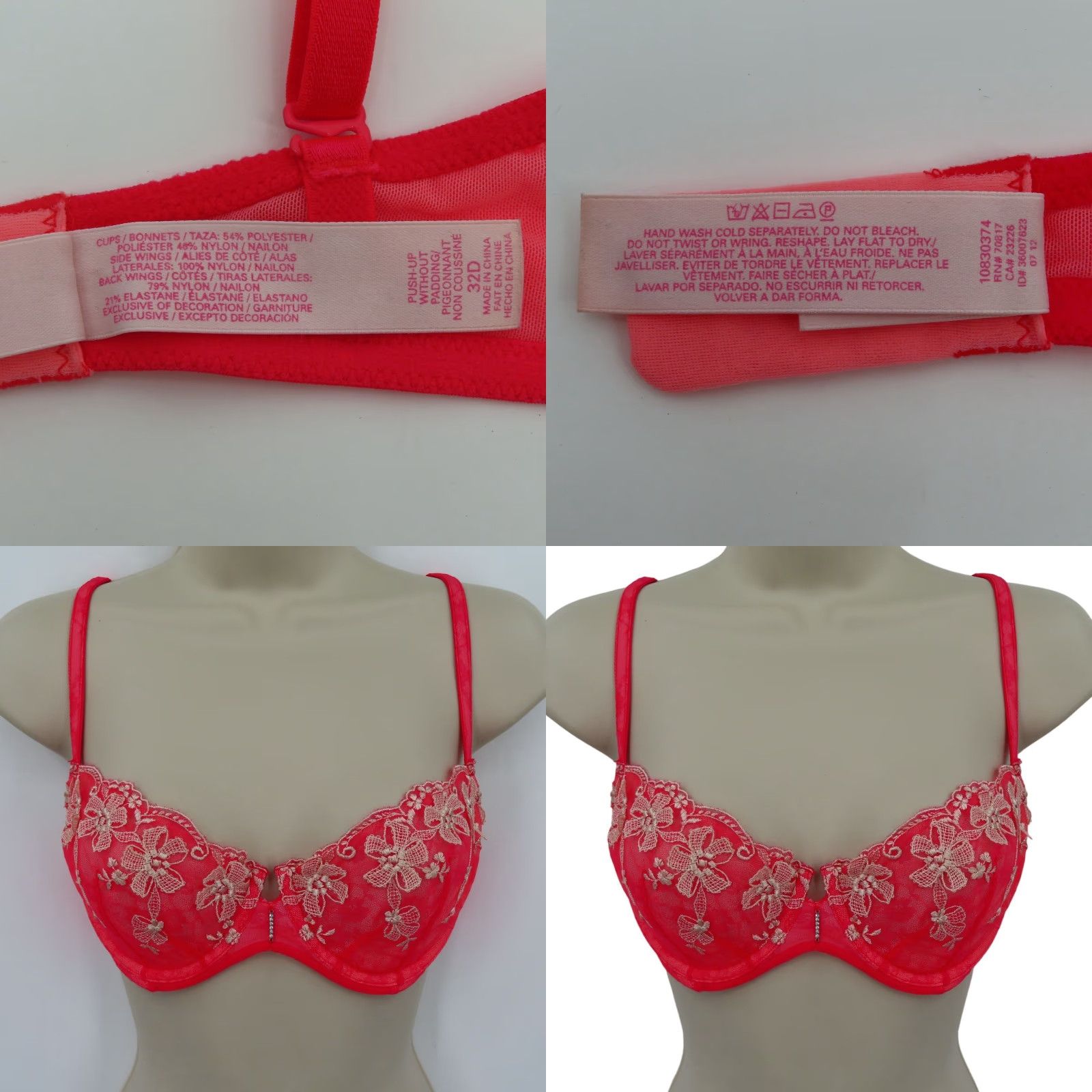 Victoria's Secret **Victoria's Secret 32D Push Up Bra Pink Flower Underwire** User: Victoria's Secret 32D Push Up Bra Pink Flower Underwire Size ONE SIZE - 9 Thumbnail