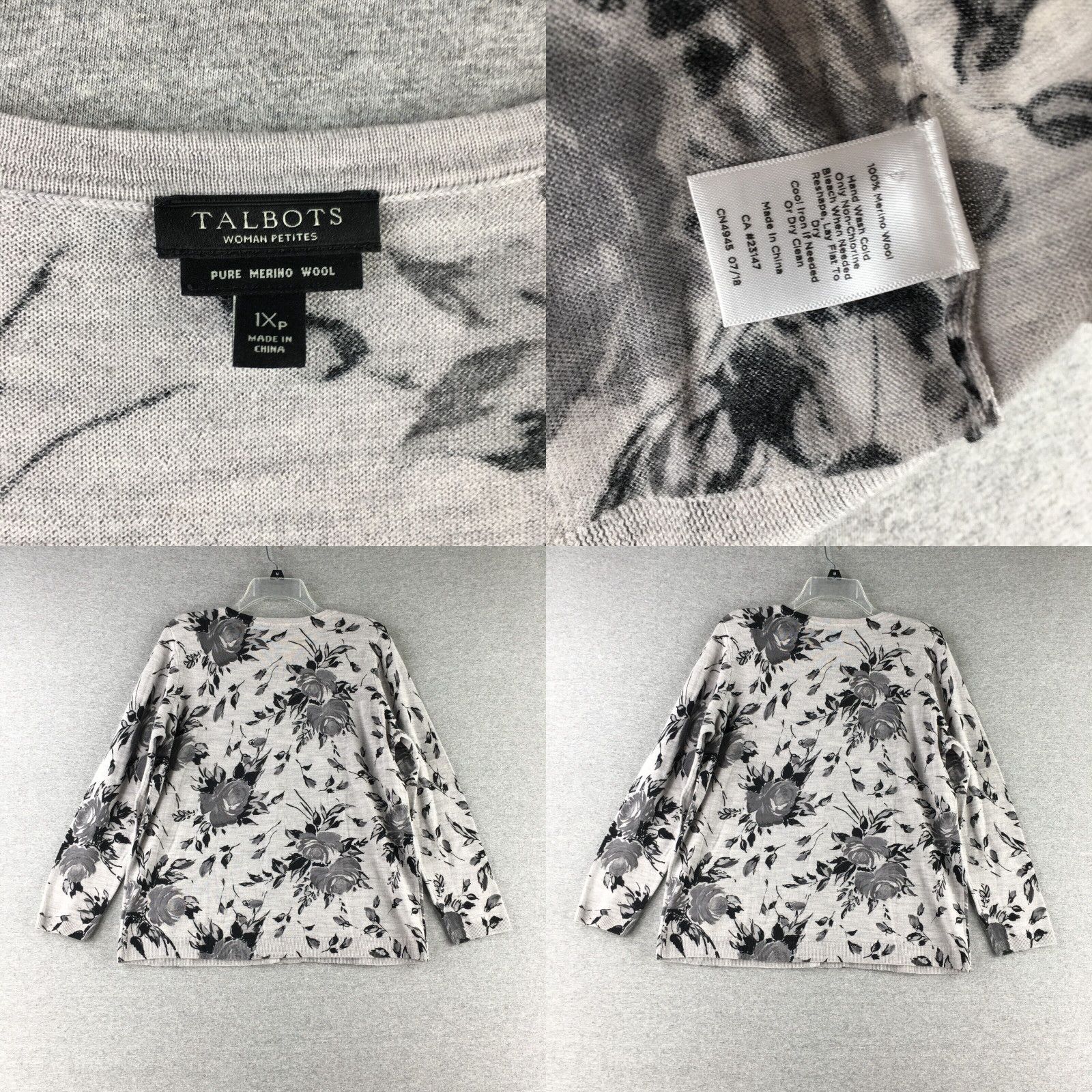 Talbots Talbots Sweater Womens 1X Petite Cardigan Merino Wool Floral Black Grey Mature Grailed