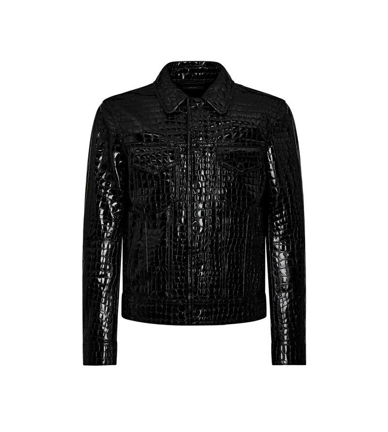 Tom Ford o1sm1stk0326 Shiny Croc Western Trucker Jacket in Black Size US XS / EU 42 / 0 - 1 Thumbnail