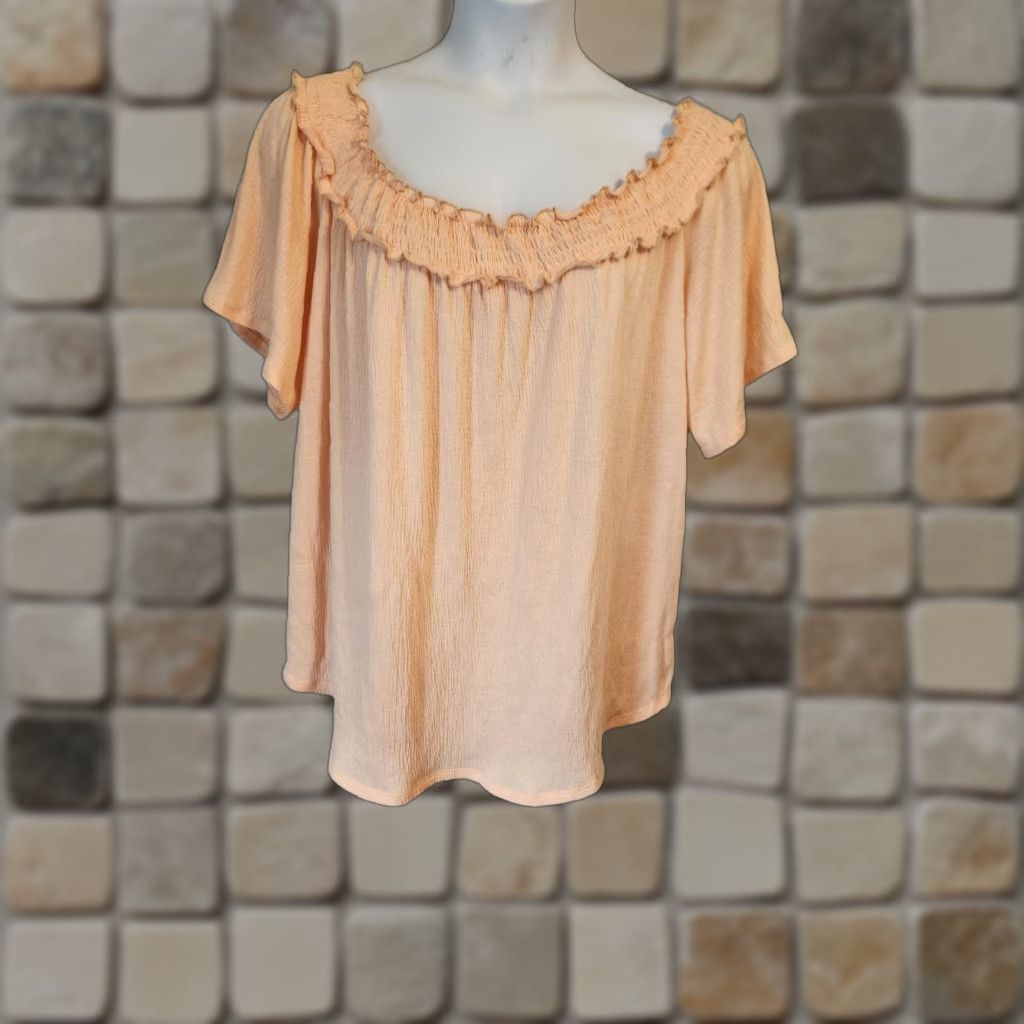 Vintage French Laundry Blouse Shirt Off the Shoulder Peach 3X Womens Casual Short Sleeve Relaxed Knit Stretchy Rayon Polyester Spandex Top Size XXL / US 16-18 / IT 52-54 - 1 Thumbnail