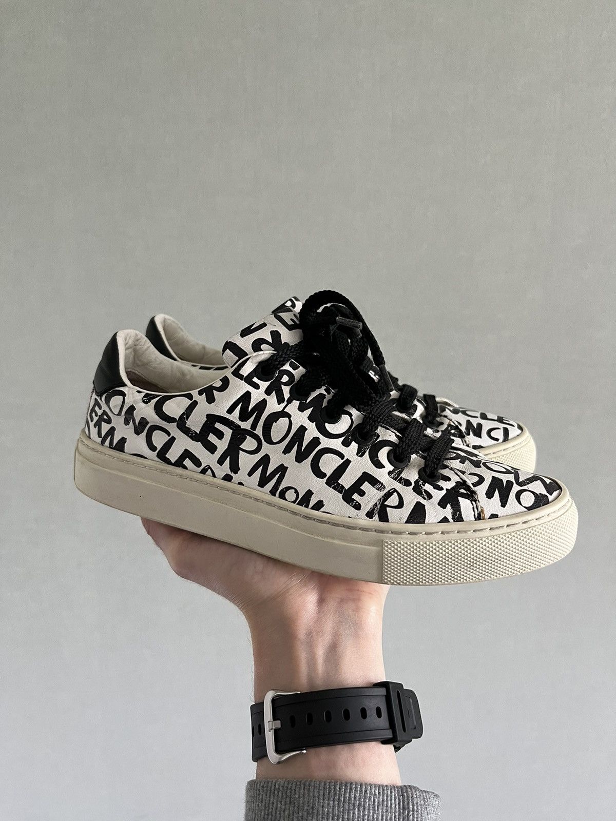 image of Moncler Wht Blk Graffiti Sneakers in White, Women's (Size 6)
