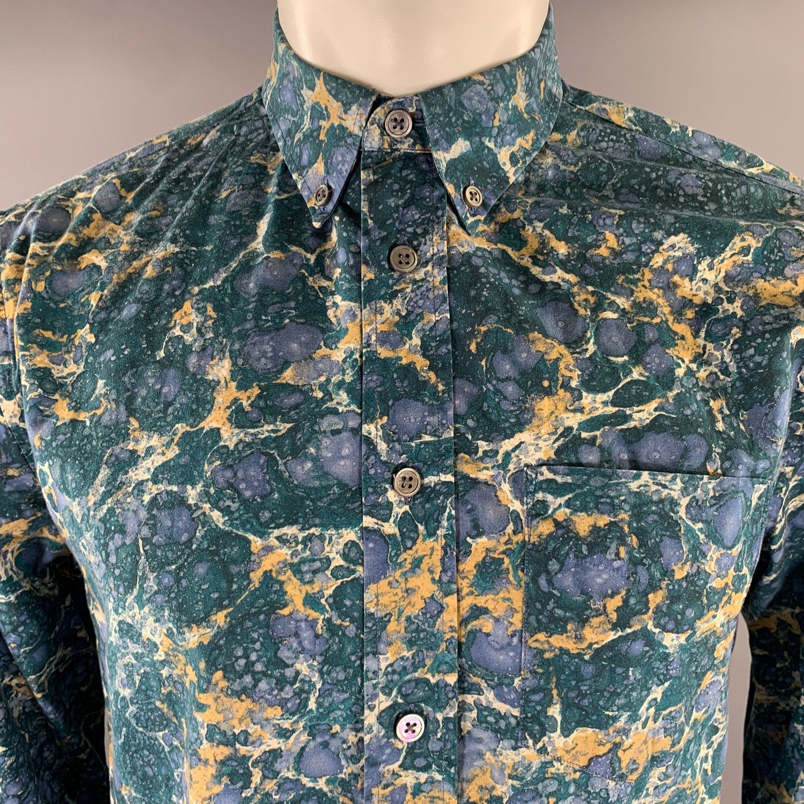 Acne Studios ACNE STUDIOS M Blue Teal Marbled Cotton Button Down Shirt Size US M / EU 48-50 / 2 - 2 Thumbnail