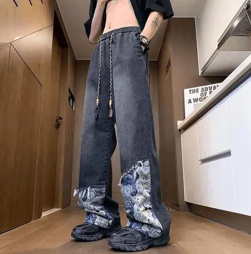 VIBE Teddy Patchwork Baggy Straight Jeans Size US 42 / EU 58 - 1 Thumbnail
