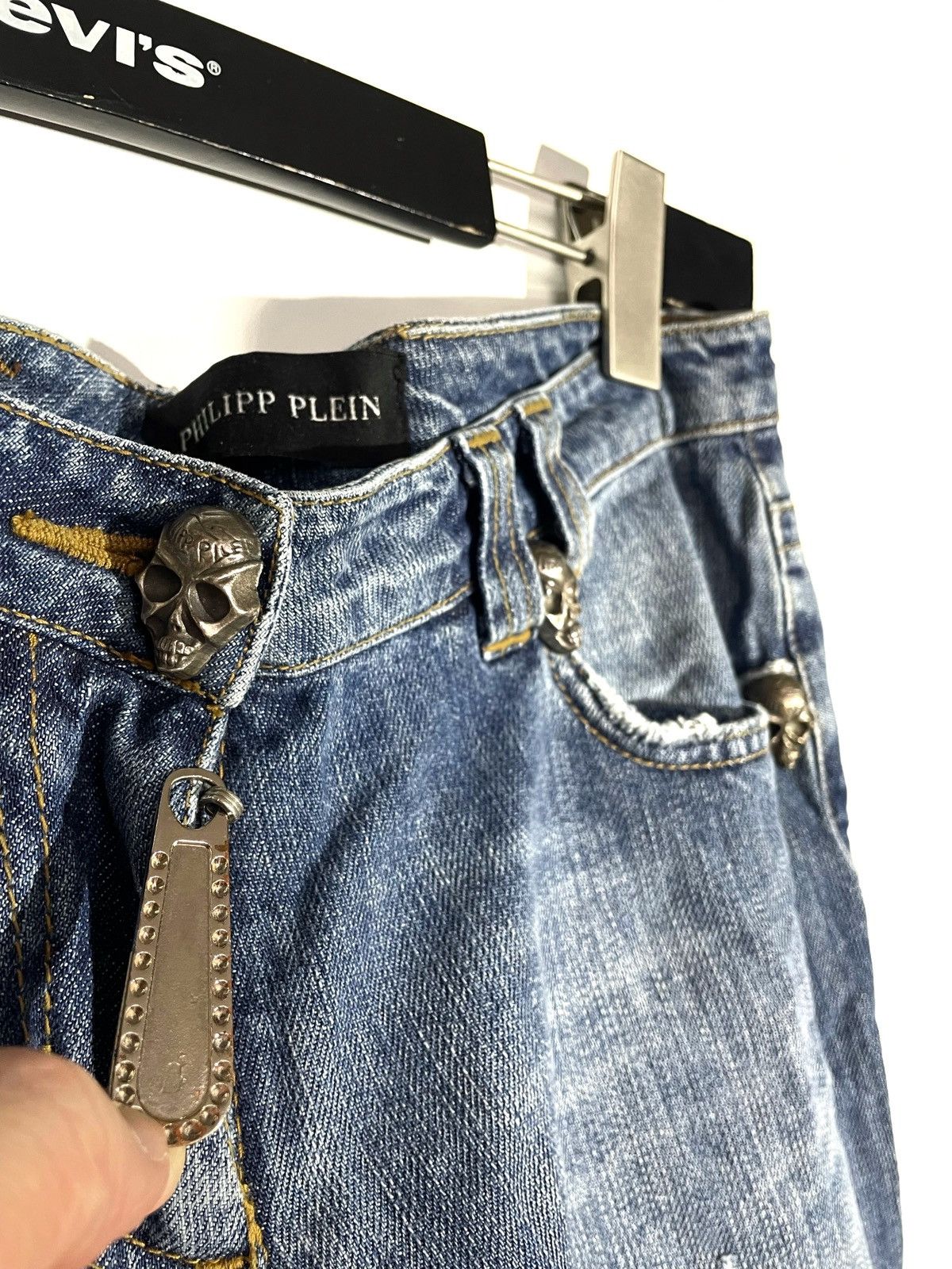 Philipp Plein Philipp Plein Women Y2K Blue Jeans Skull Stones Zip S-M Size 27" / US 4 / IT 40 - 4 Thumbnail