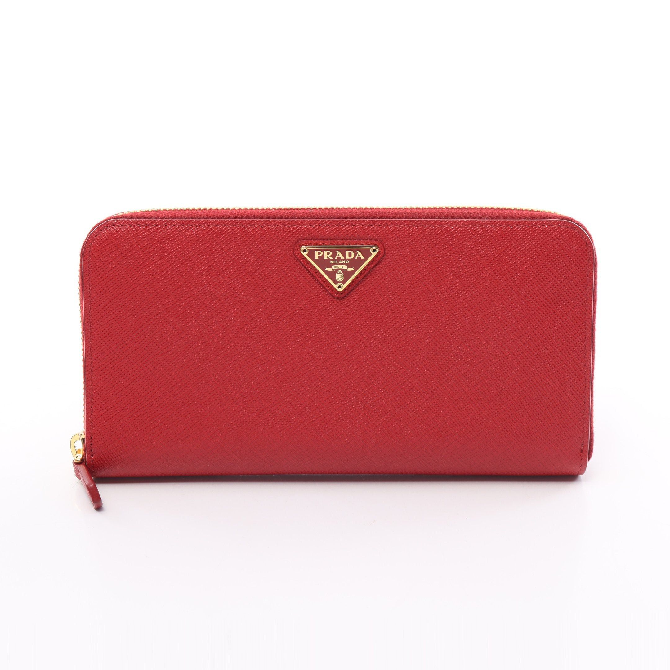 image of Prada Glace'calf + City Round Zipper Long Wallet Lip Saffiano Leather Red, Women's