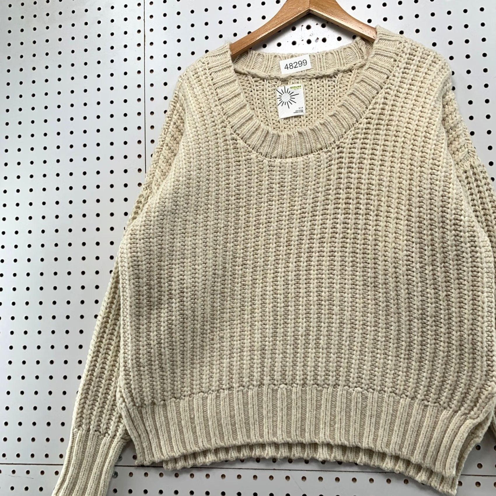 Vintage OFFLINE by Aerie Sweater Women S Cream Ivory Chunky Knit Crewneck/Heavy Ribbed Knit Pullover Oversized Casual Winter Size S / US 4 / IT 40 - 4 Thumbnail