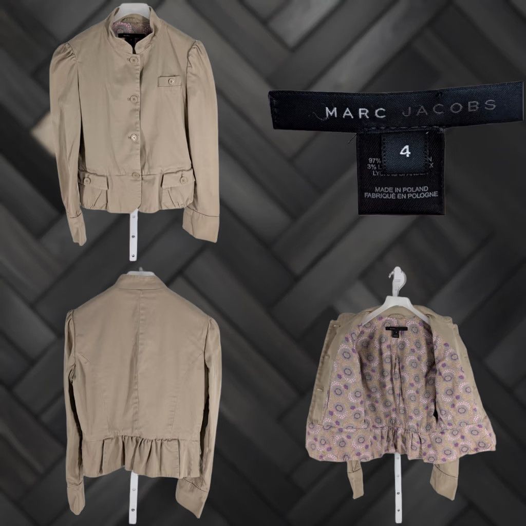 Marc Jacobs VINTAGE Marc Jacobs Jacket Women Tan Cotton Puff Shoulder Peplum Floral Lined 4 Military Retro Y2K Brown Size S / US 4 / IT 40 - 1 Thumbnail