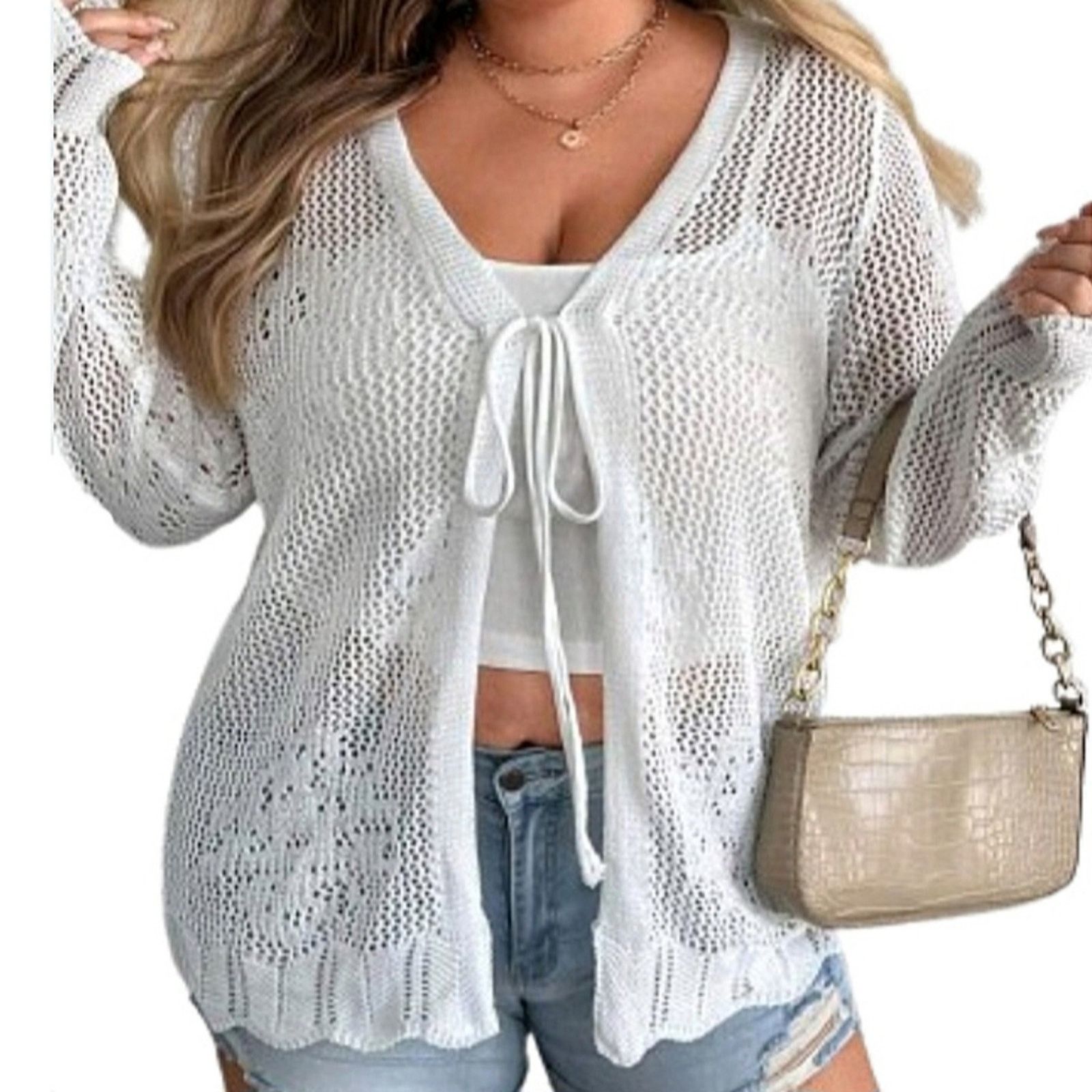 Shein OFF-WHITE ☆ CROCHET STYLE ☆ TIE FRONT ☆ CARDIGAN 6x ☆ NWT Size 4XL / US 24-26 - 4 Thumbnail