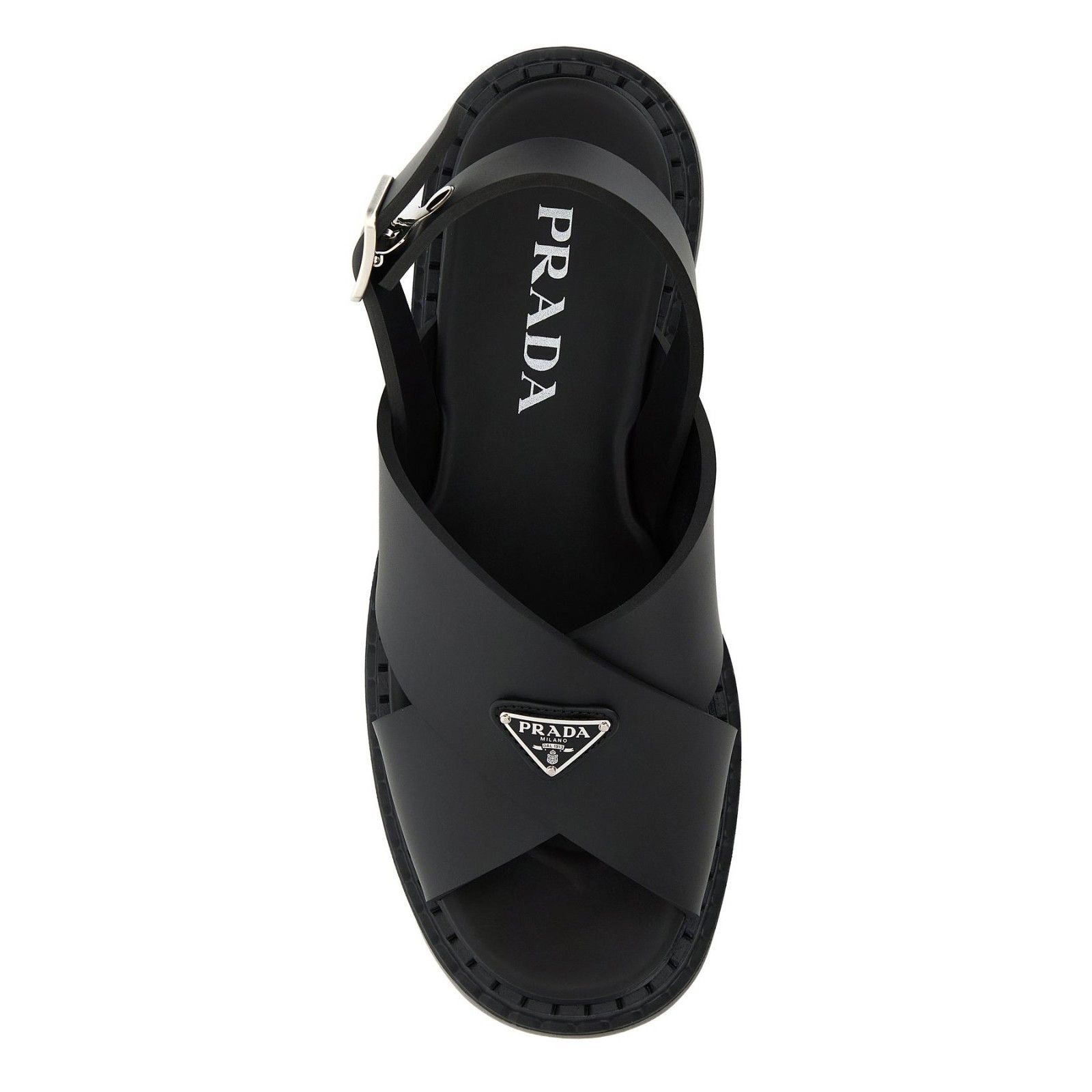 Prada PRADA Triangle Black Leather Sandals New & Authentic (Women' Size US 10 / IT 40 - 4 Thumbnail
