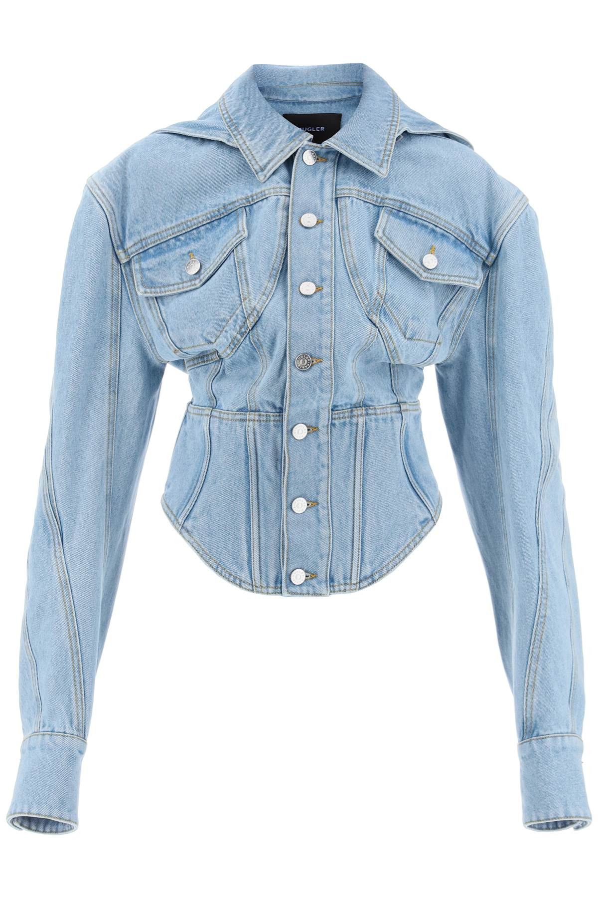 image of Mugler Denim Jacket With Corset Detail in Light Blue, Women's (Size Small)