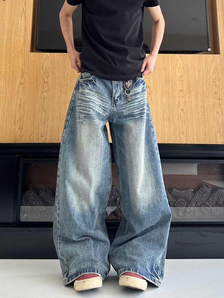 Japanese Brand Retro men's loose-fitting versatile washed distressed jeans Size US 32 / EU 48 - 2 Thumbnail