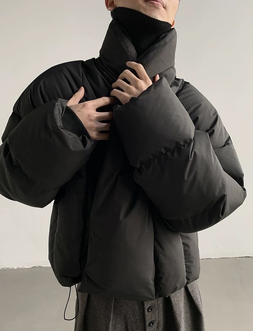 Avant garde wrap shawl collar quilted puffer jacket coat