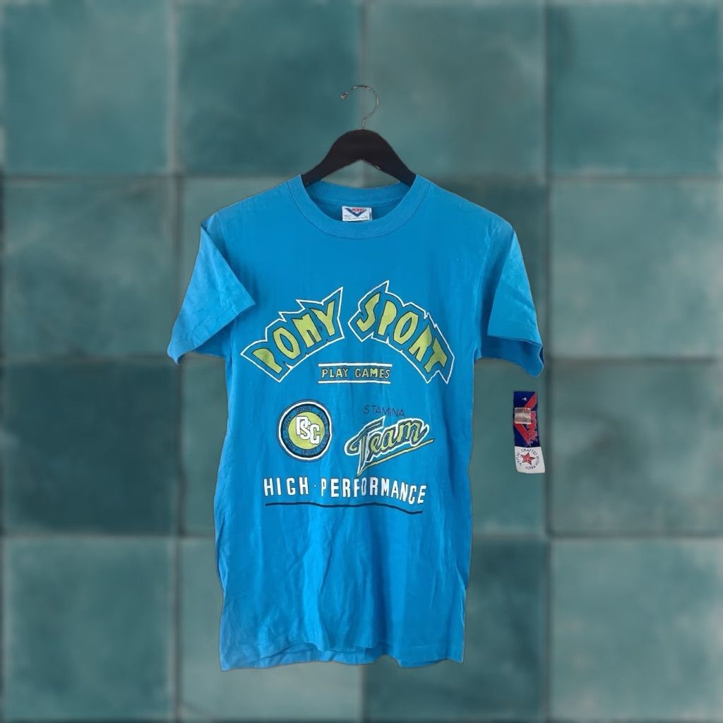 PONY VINTAGE PONY T-Shirt Mens M Blue 90s Deadstock NWT Cotton Blend Crew Neck 28" Long 17.5" Across 7" Sleeves Made in USA Size US M / EU 48-50 / 2 - 1 Thumbnail