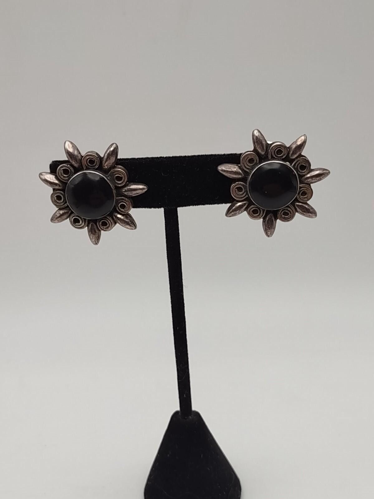 The Unbranded Brand Vintage Taxco Sterling Sunburst Earrings Black Onyx Size ONE SIZE - 1 Thumbnail