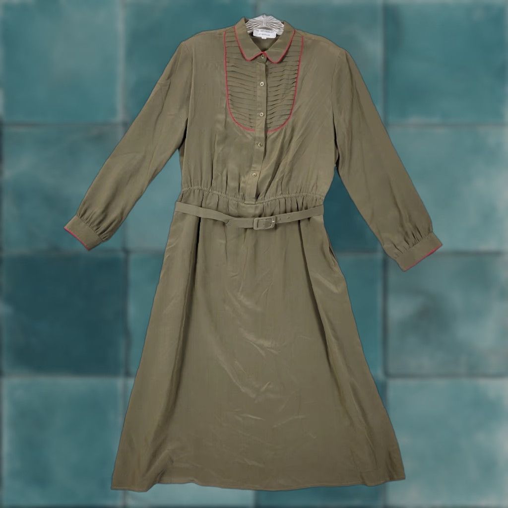 VINTAGE Nordstrom Dress Women's 16 Beige Peasant Silk Belted Midi