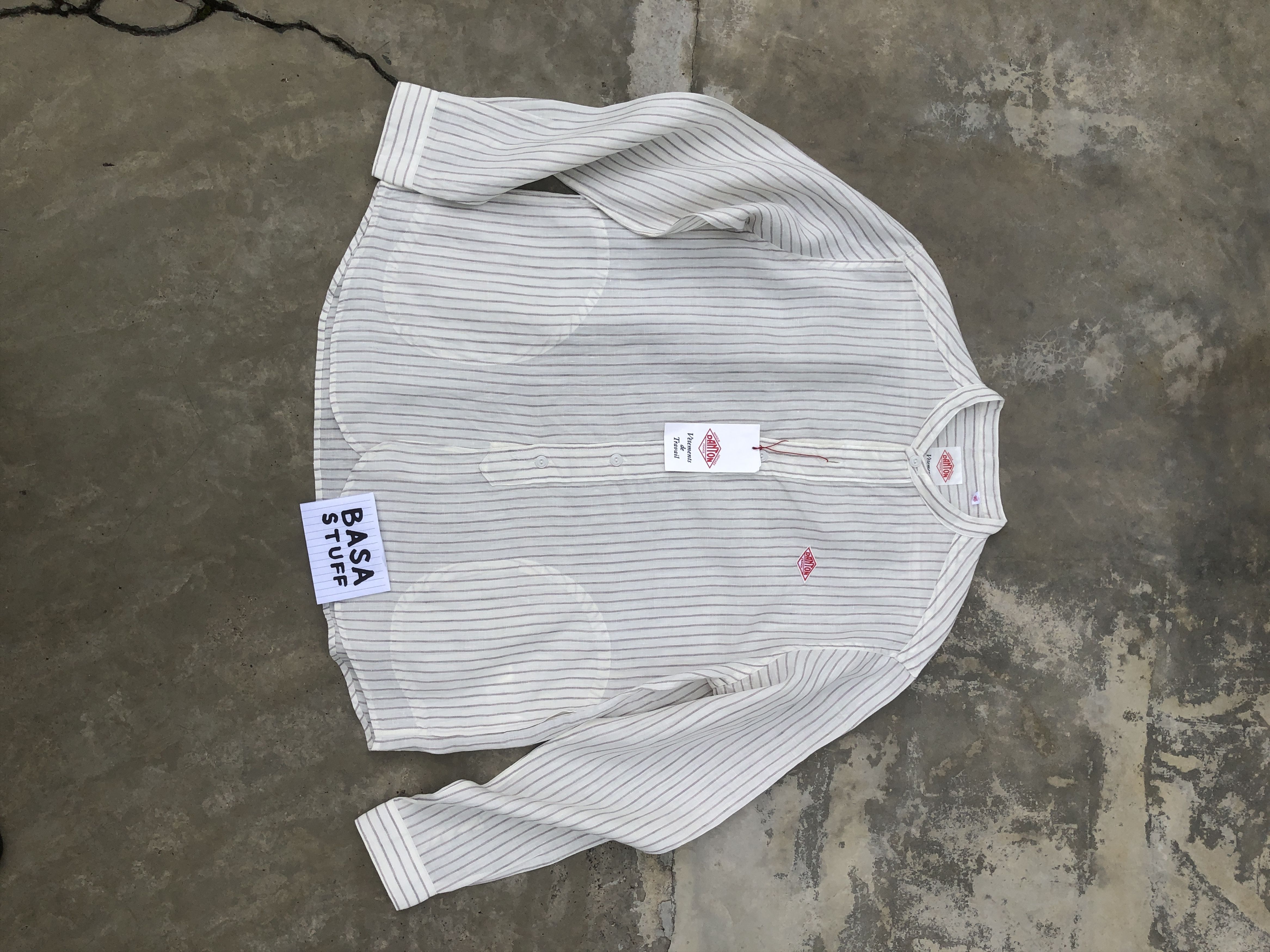 image of Danton Linen Collar Shirt Grey Stripe in White Grey, Men's (Size Medium)