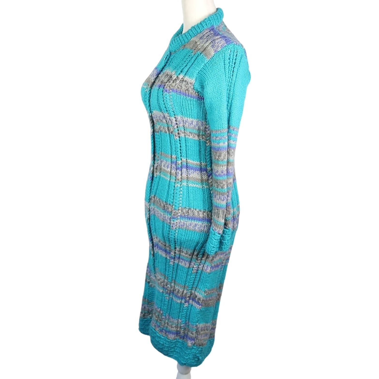Altea VINTAGE Teal Blue and Grey Stripe Cardigan Sweater Duster Long XS Women Knit Acrylic 90s Bohemian Striped Casual Fall Winter Long Sleeve Size XS / US 0-2 / IT 36-38 - 3 Thumbnail