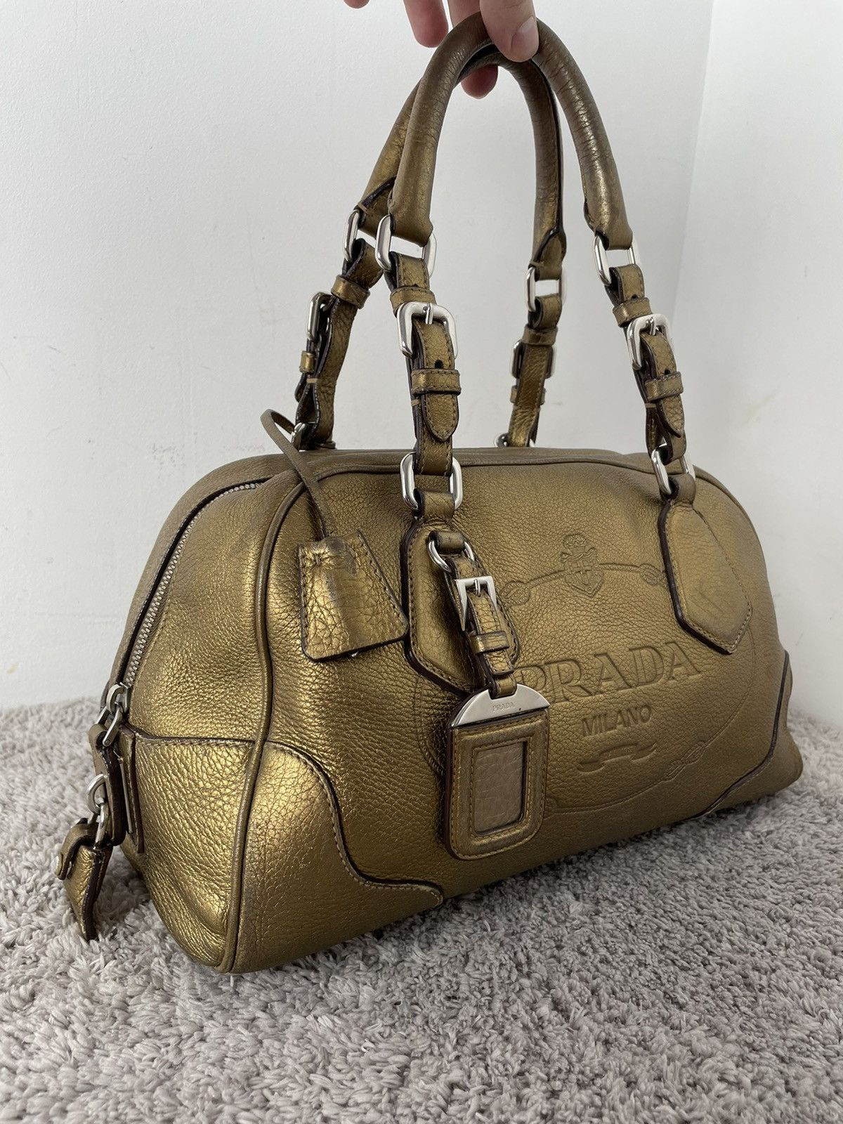 Prada Prada Metallic Gold Leather Logo Satchel Size ONE SIZE - 13 Thumbnail