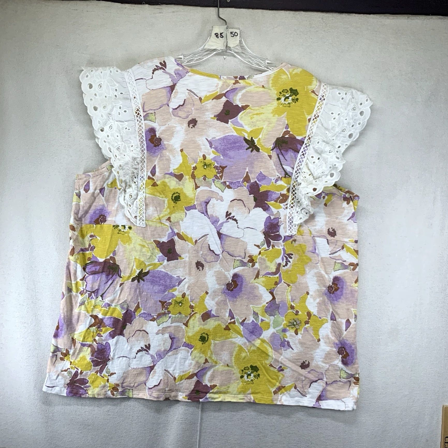 Vintage VINTAGE Women's 2X Cotton T-Shirt Casual 60s 70s Floral Lace Eyelet Cap Sleeves Purple Retro LC Lauren Conrad Size XXL / US 16-18 / IT 52-54 - 2 Thumbnail