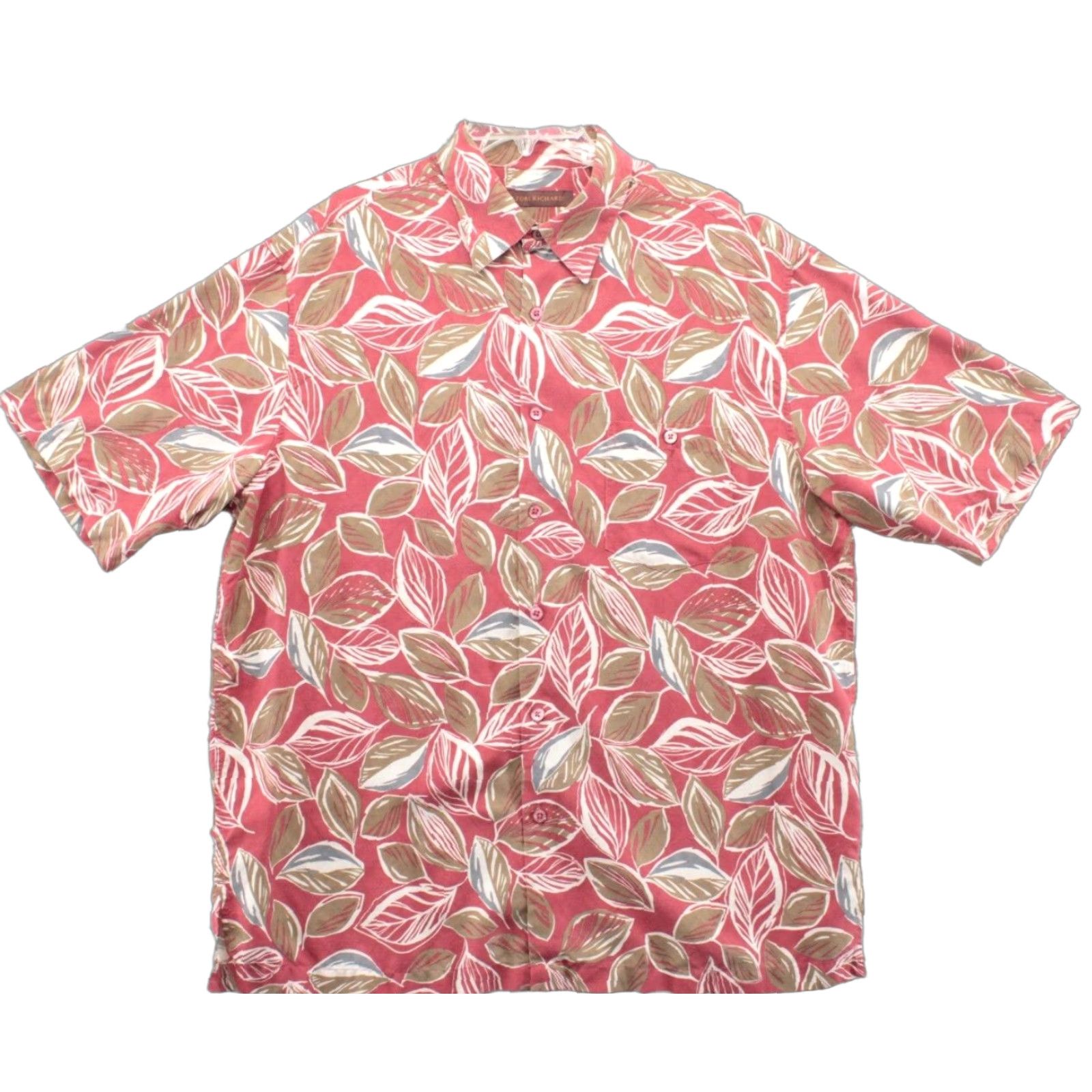 Tori Richard Shirt Mens XL Red Floral Embroidered Flowers Silk Hawaiian SS Button-Up Collared Short Sleeve Pocket Vintage No