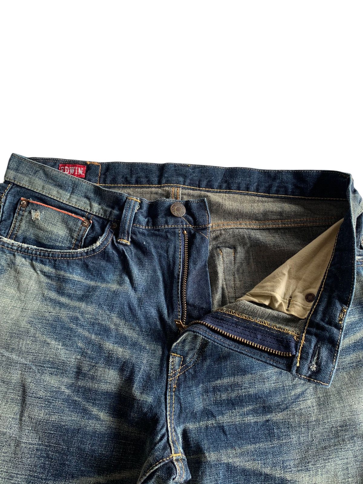 Edwin Rare💥EDWIN 5052RV SELVEDGE RUSTY MUDMAX DISTRESSED DENIM Size US 33 - 18 Thumbnail