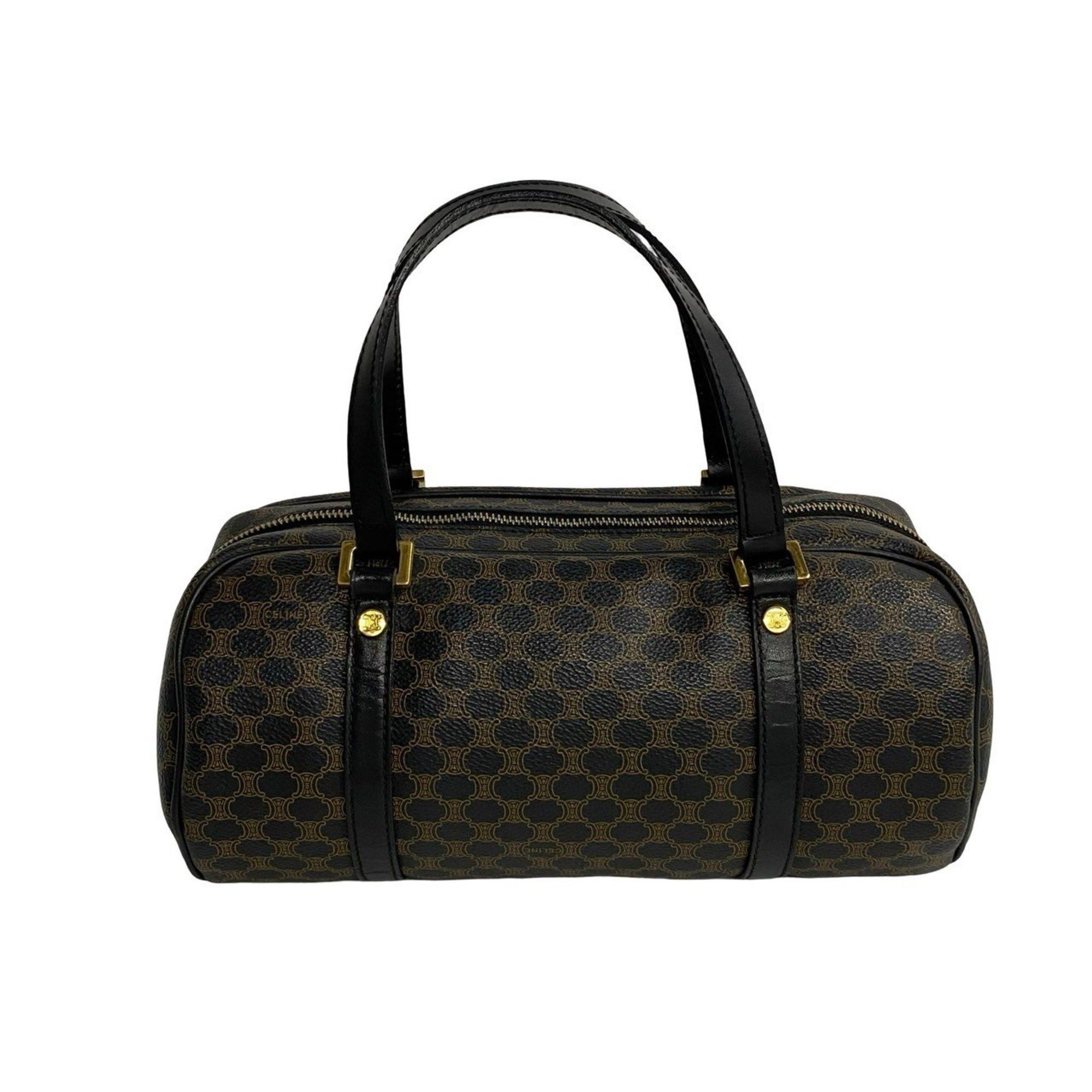 image of Celine Macadam Blason Triomphe Pattern Leather Handbag Boston Bag Black 75468, Women's