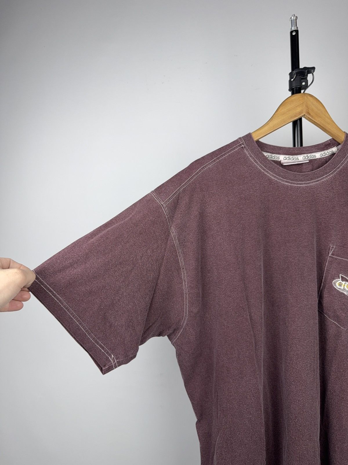 Adidas 90s Vintage Adidas Trefoil Pocket T Shirt Burgundy Washed L Size US L / EU 52-54 / 3 - 4 Thumbnail