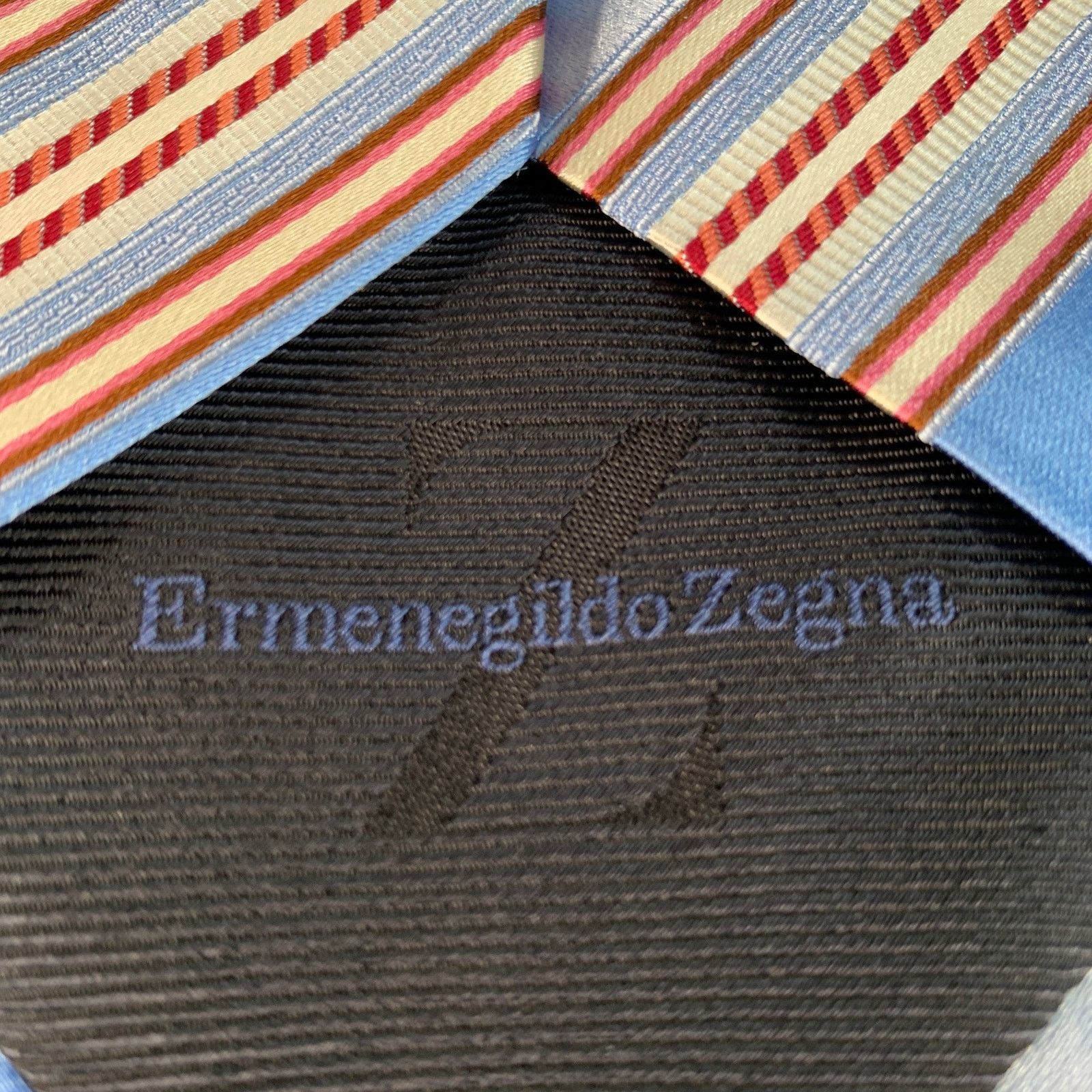 Ermenegildo Zegna One Size Blue Coral Diagonal Stripe Silk Cotton Tie Size ONE SIZE - 4 Thumbnail