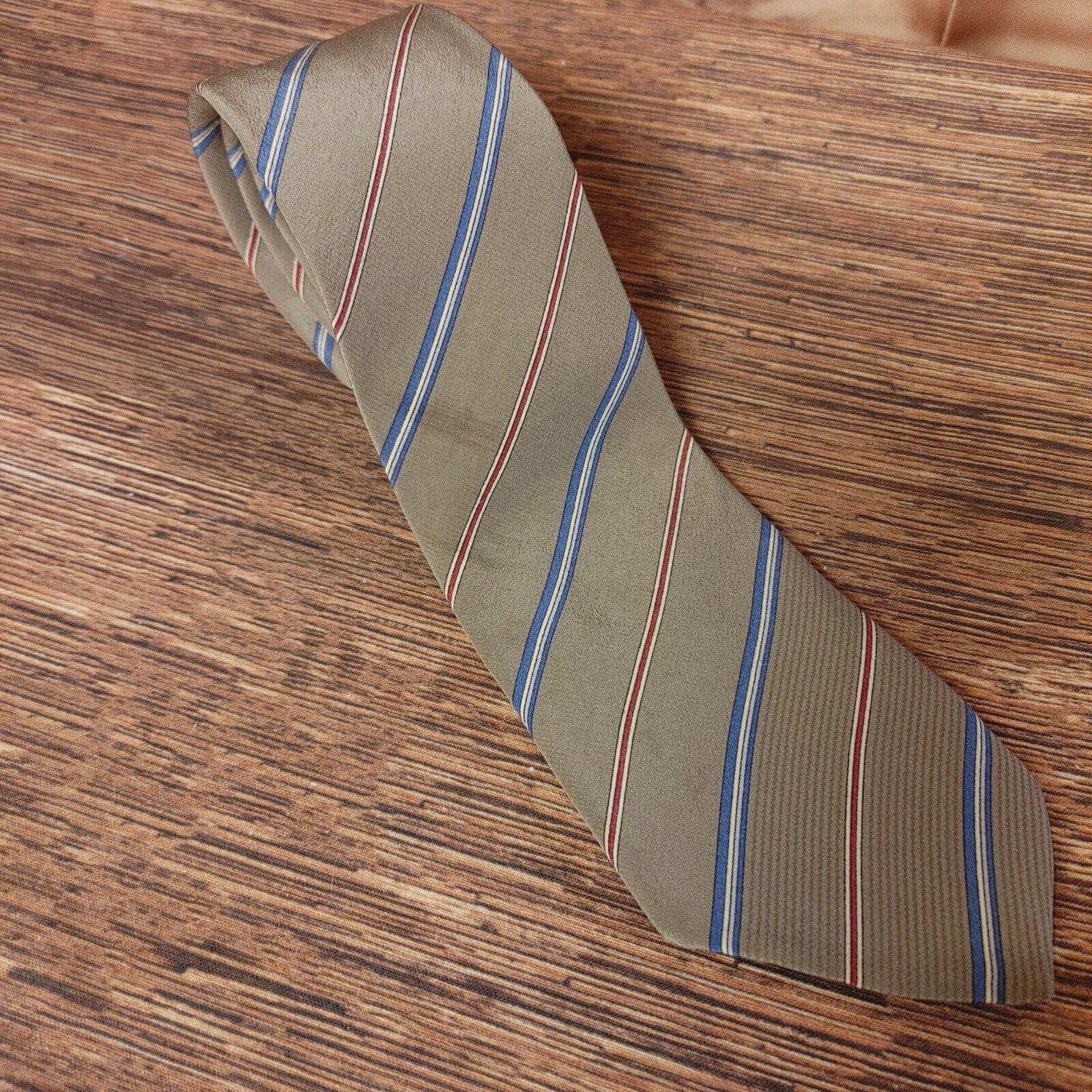 Other LDM Men's 100% Silk Beige/Blue Striped Neck Tie Size ONE SIZE - 1 Thumbnail