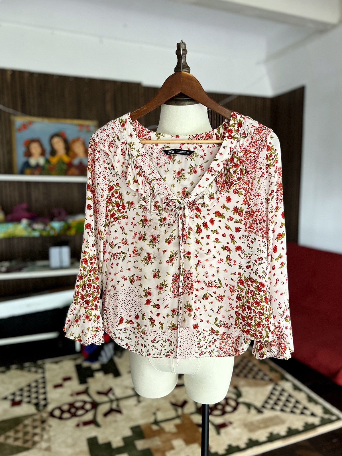 Designer × Zara Zara Women’s Ruffle Floral Long Sleeve Top Blouse Size M / US 6-8 / IT 42-44 - 5 Thumbnail