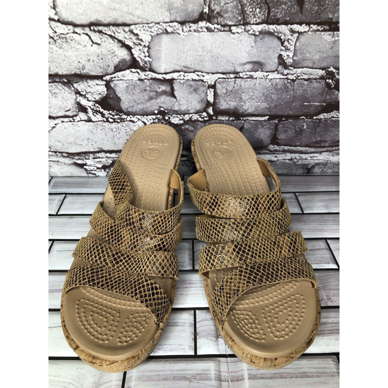 Crocs Crocs A-Leigh Gold Leather Snake Print Cork Wedge Sandals Wo Size US 11 / IT 41 - 19 Thumbnail