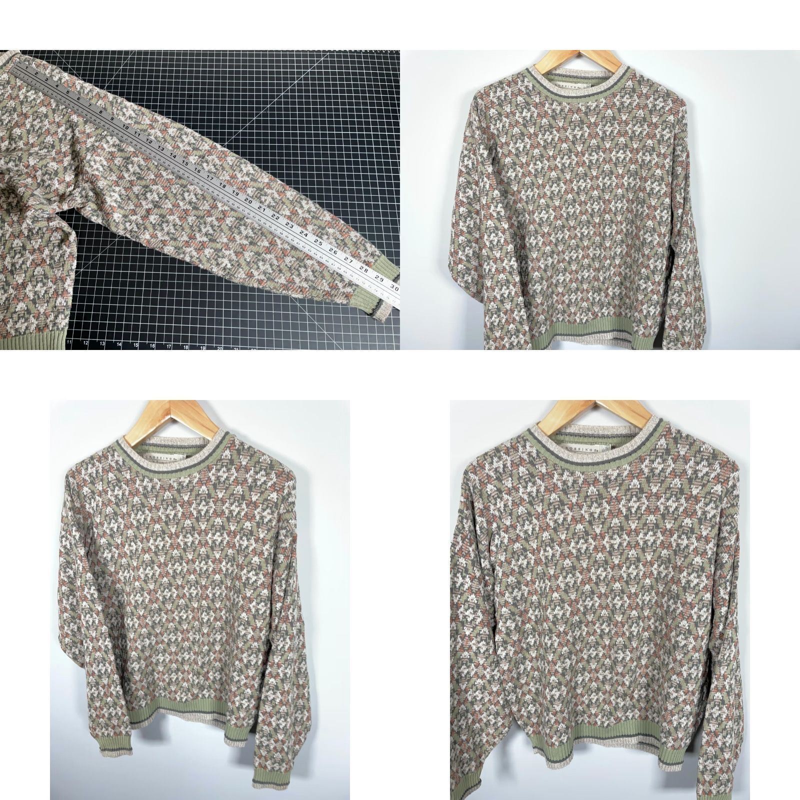 Vintage Crossings Sweater Mens Large Beig e Green Diamond Pattern 90s Textured Cotton-Acrylic Knit Crew Neck Vintage Pullover Casual Size US L / EU 52-54 / 3 - 8 Thumbnail