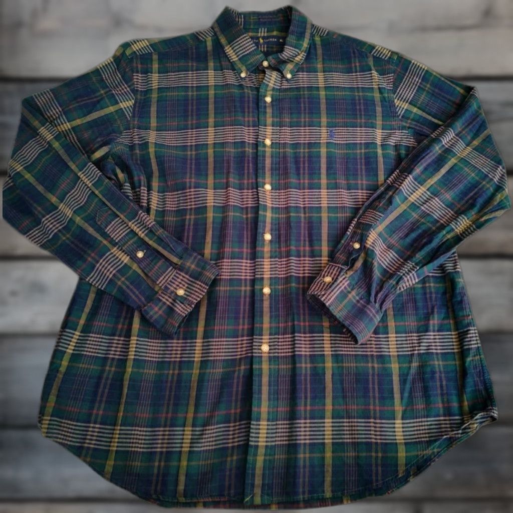 Polo Ralph Lauren VINTAGE Polo Ralph Lauren Shirt Men XL Button-Down Plaid Tartan Long Sleeve Casual Formal Summer Fall Winter Size US XL / EU 56 / 4 - 1 Thumbnail