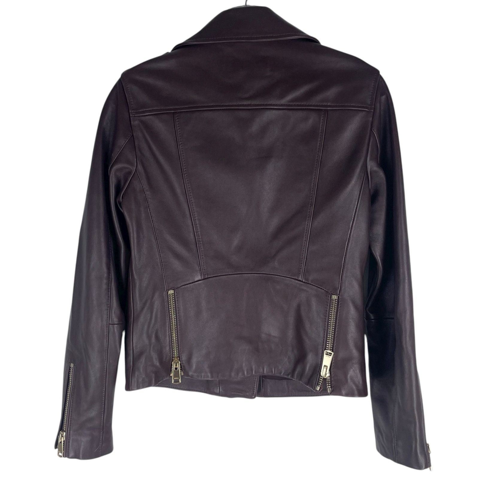 Reiss Leiya Lamb Leather Moto Jacket In Berry Red Size 4