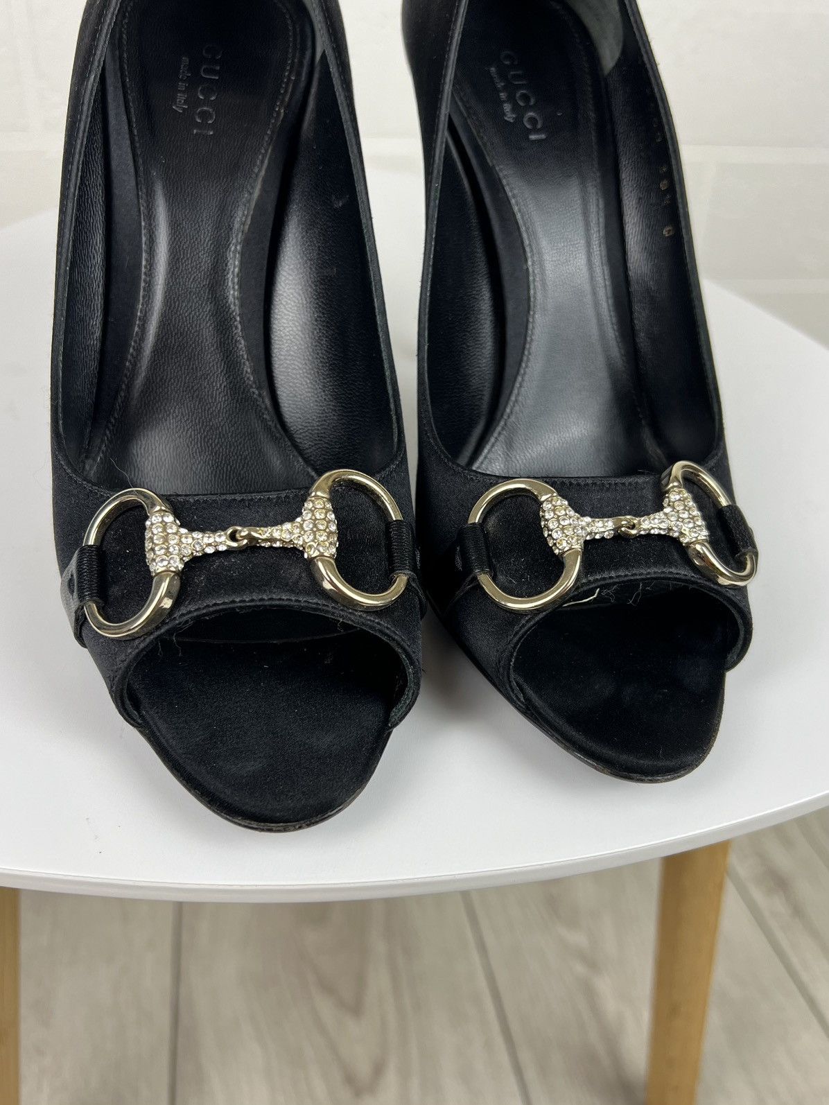 Gucci GUCCI Heels Satin Shoes Rhinestone Crystal Horsebit Peep Toe Size US 8.5 / IT 38.5 - 10 Thumbnail