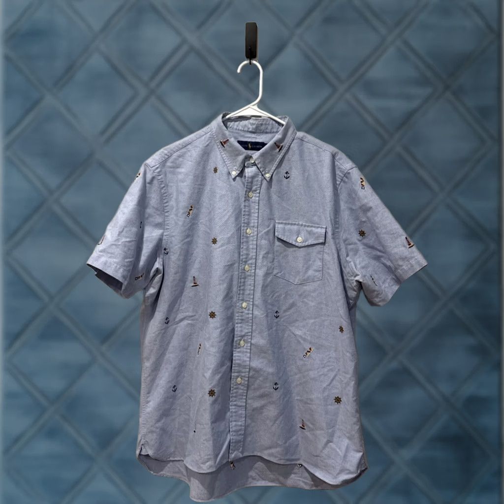 Ralph Lauren Ralph Lauren Polo Shirt Blue Oxford Embroidered Anchors Flags XL Nautical Button-Front Short Sleeve Men’s Size US XL / EU 56 / 4 - 1 Thumbnail