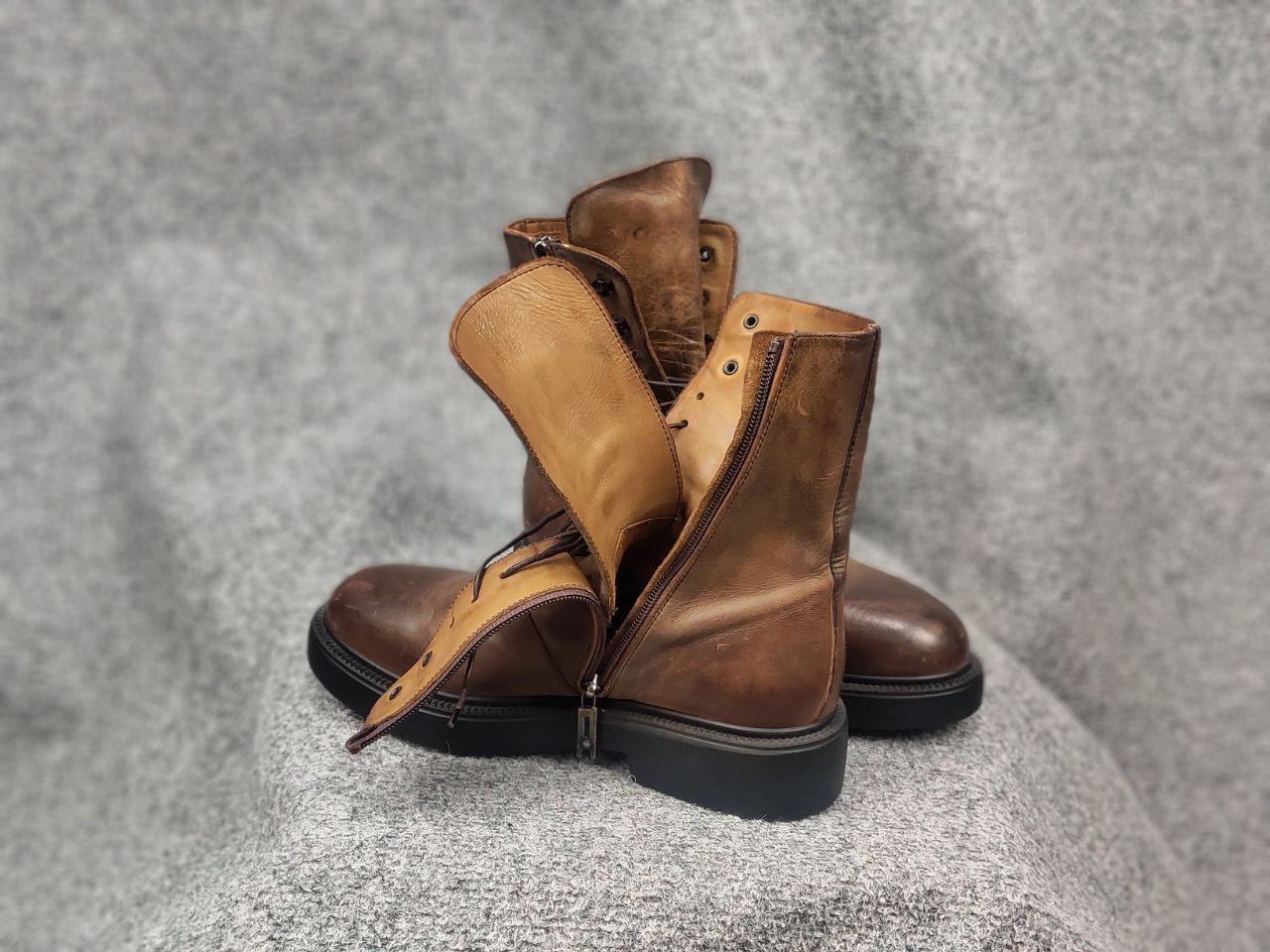 Lemargo Design Combat Leather Brown Lace Up Zip Womens Boots