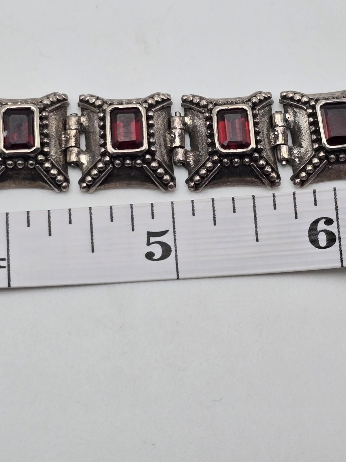 Chalk Line Vintage 925 Sterling Silver Garnet Link Bracelet 7.5" Heavy Size ONE SIZE - 6 Thumbnail